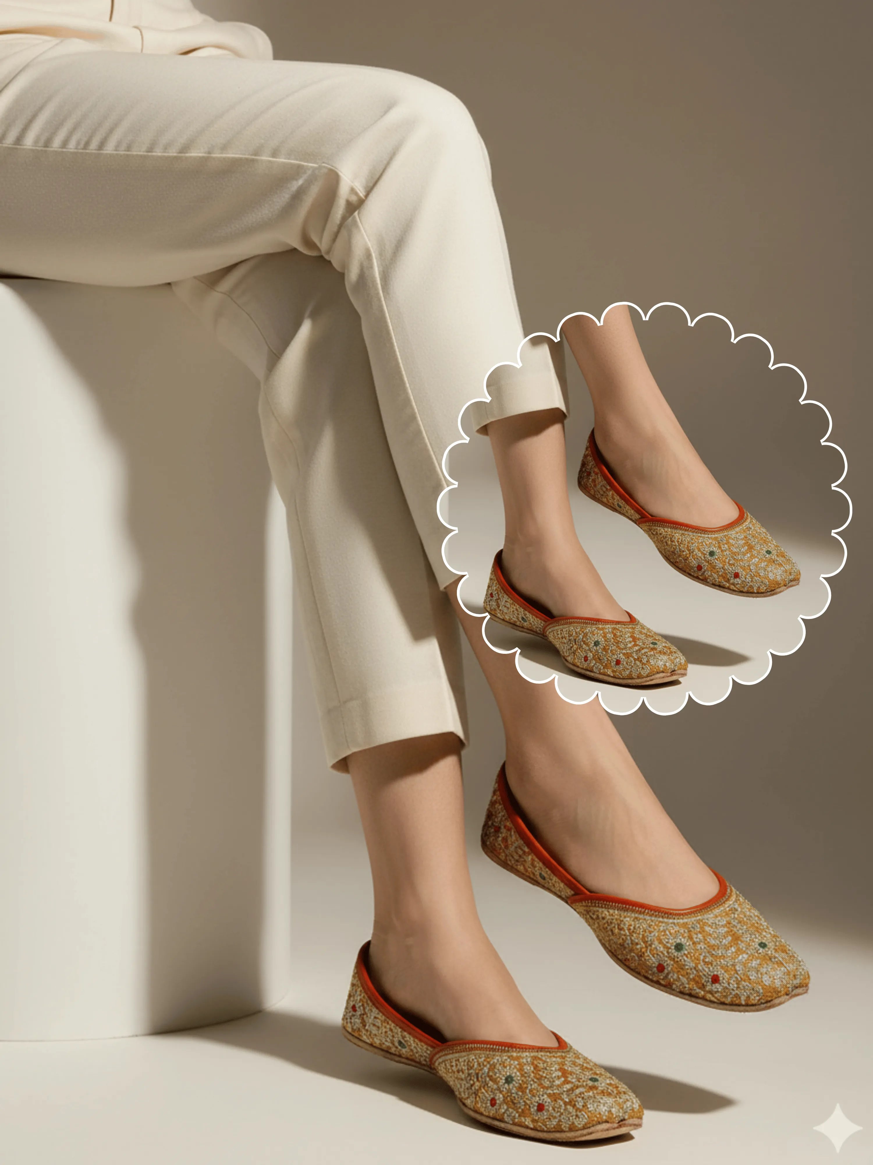 Person wearing floral-patterned flats with light-colored pants against a neutral background