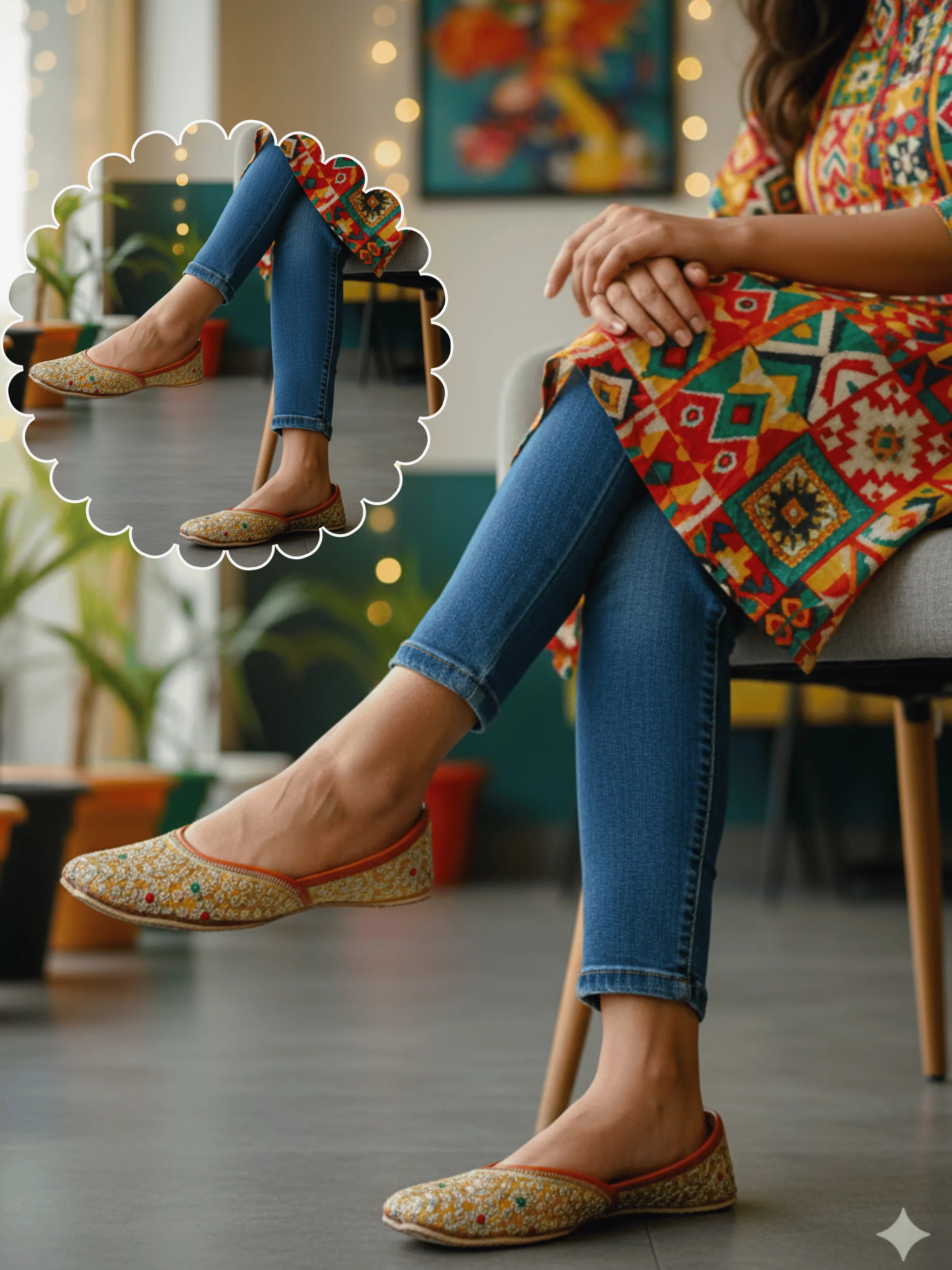 Person wearing colorful shoes sitting on a chair with a decorative mirror reflection.