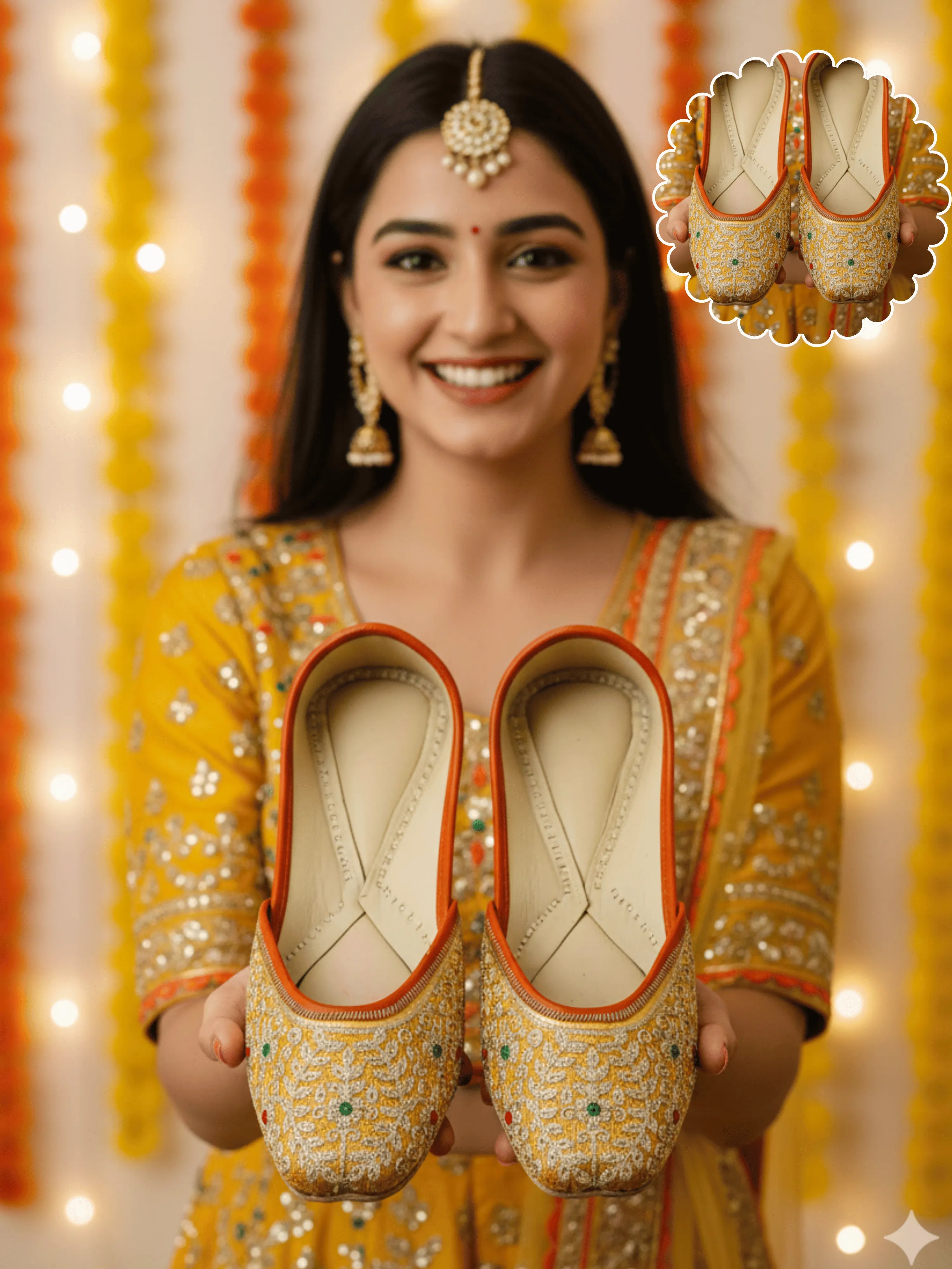 Woman holding traditional embroidered shoes with a decorative background