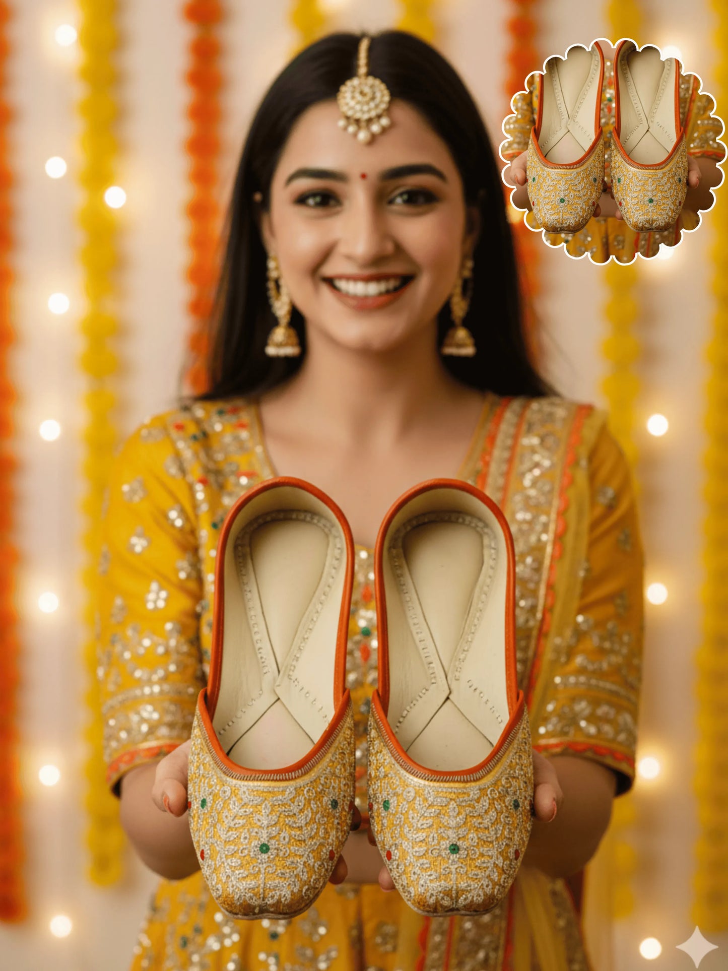 Woman holding traditional embroidered shoes with a decorative background