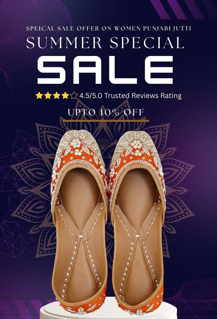 Summer sale on Women's Punjabi Jutti, 10% off, orange juttis on purple background, 4.5/5.0 rating
